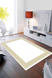 Krem Gold Çerçeveli Kaymaz Tabanlı Dekoratif Halı RV038 Krem Gold Çerçeveli Kaymaz Tabanlı Dekoratif Halı RV038