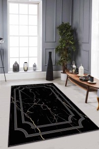 Siyah Gold Çerçeveli Kaymaz Tabanlı Dekoratif Halı RV064 Siyah Gold Çerçeveli Kaymaz Tabanlı Dekoratif Halı RV064