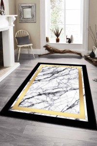 Siyah Gold Çerçeveli Kaymaz Tabanlı Dekoratif Halı RV111 Siyah Gold Çerçeveli Kaymaz Tabanlı Dekoratif Halı RV111