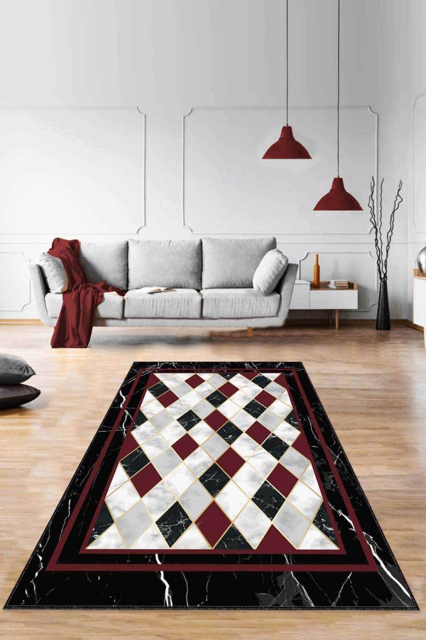 Bordo Geometrik Kaymaz Taban Makinede Yıkanabilir Halı RV143