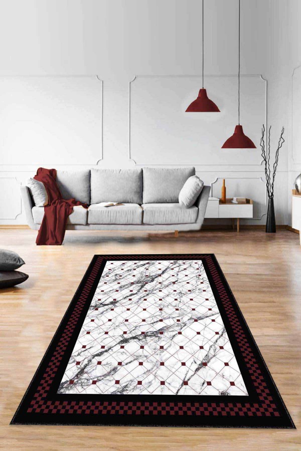 Bordo Geometrik Kaymaz Taban Makinede Yıkanabilir Halı RV145