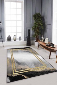 Siyah Gold Çerçeveli Kaymaz Tabanlı Dekoratif Halı RV354 Siyah Gold Çerçeveli Kaymaz Tabanlı Dekoratif Halı RV354