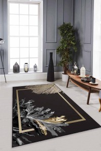 Siyah Gold Modern Klasik Kaymaz Tabanlı Dekoratif Halı RV355 Siyah Gold Modern Klasik Kaymaz Tabanlı Dekoratif Halı RV355