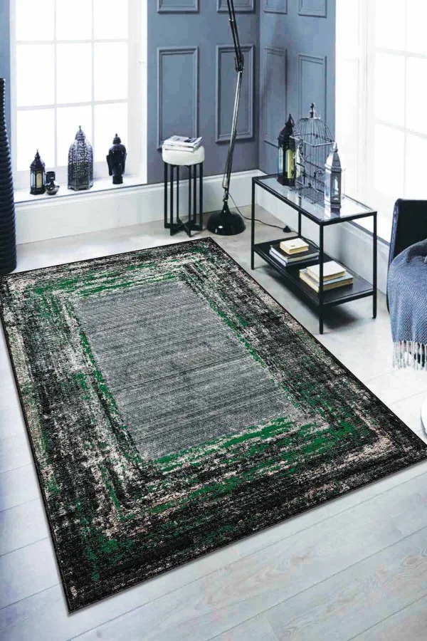 Salon Halısı Yeşil Yeşil Modern Klasik Kaymaz Tabanlı Dekoratif Halı AR125