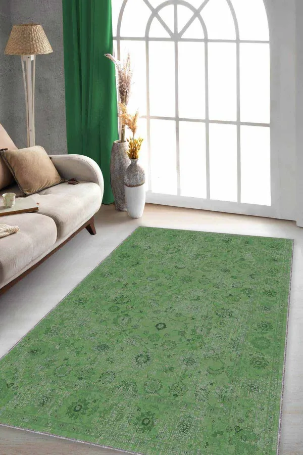 Salon Halısı Yeşil Yeşil Vintage Kaymaz Tabanlı Makinede Yıkanabilir Halı KR031