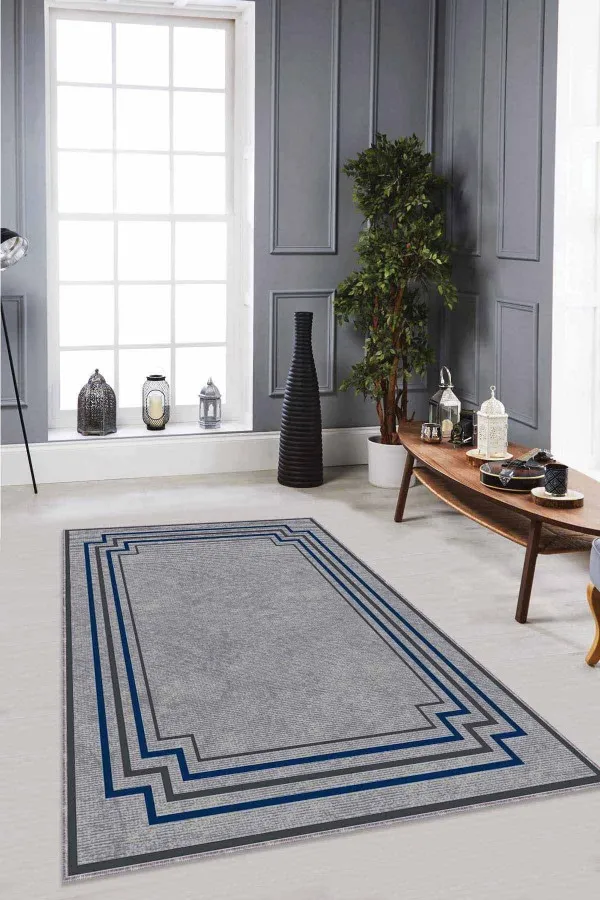 Salon Halısı Lacivert Lacivert Çerçeveli Kaymaz Tabanlı Dekoratif Halı RV050