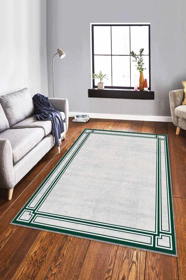 Salon Halısı Yeşil Yeşil Çerçeveli Kaymaz Taban Makinede Yıkanabilir Halı RV056