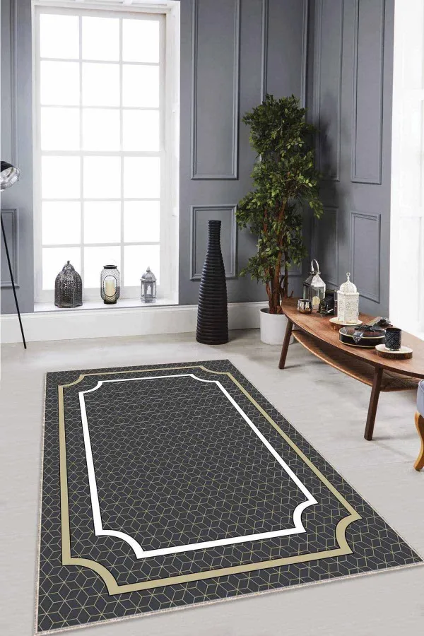 Antrasit Salon Halısı Antrasit Çerçeveli Kaymaz Tabanlı Dekoratif Halı RV063