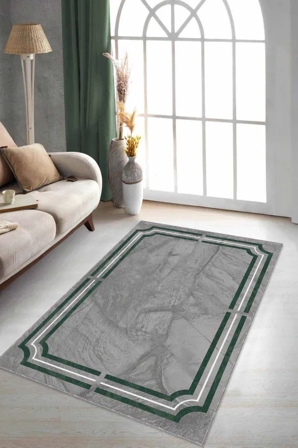 Salon Halısı Yeşil Yeşil Çerçeveli Kaymaz Taban Makinede Yıkanabilir Halı RV068