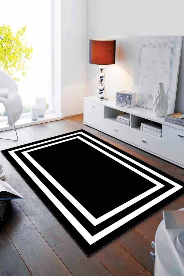 Siyah Salon Halısı Siyah Çerçeveli Kaymaz Taban Makinede Yıkanabilir Halı RV097