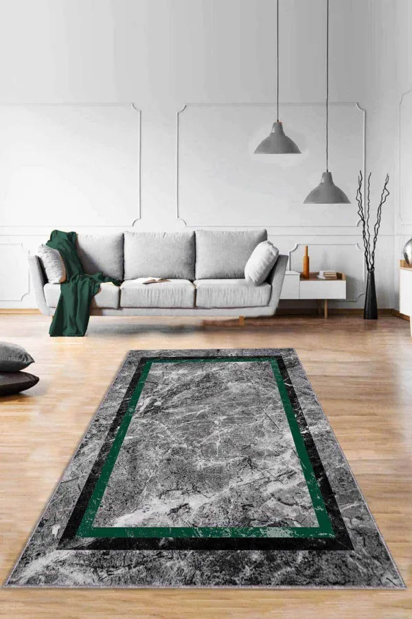 Salon Halısı Yeşil Yeşil Çerçeveli Kaymaz Taban Makinede Yıkanabilir Halı RV108