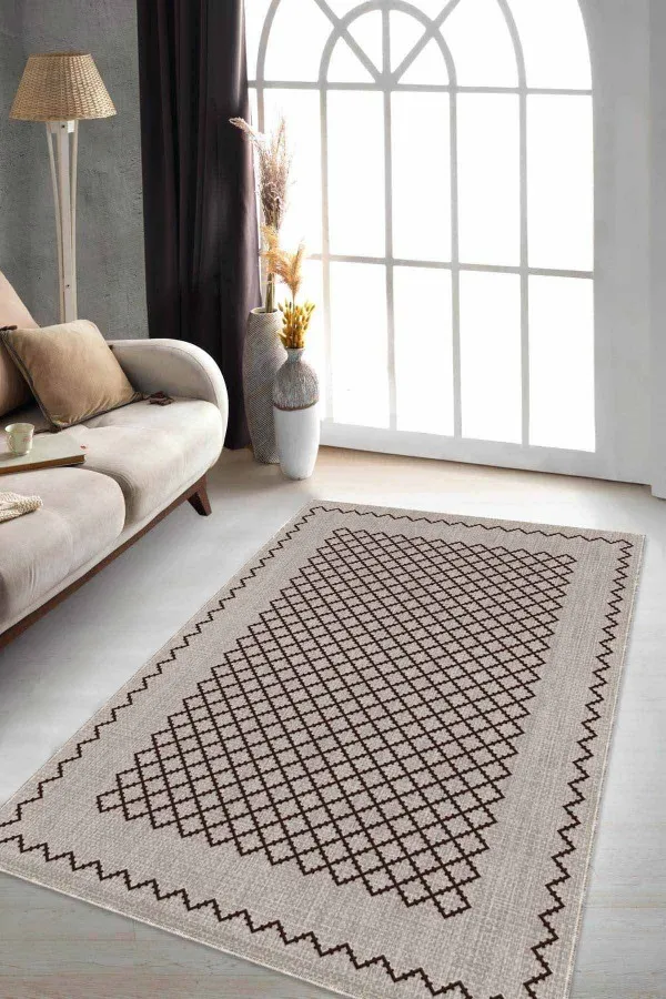Vizon Salon Halısı Bej Geometrik Kaymaz Tabanlı Makinede Yıkanabilir Halı RV175