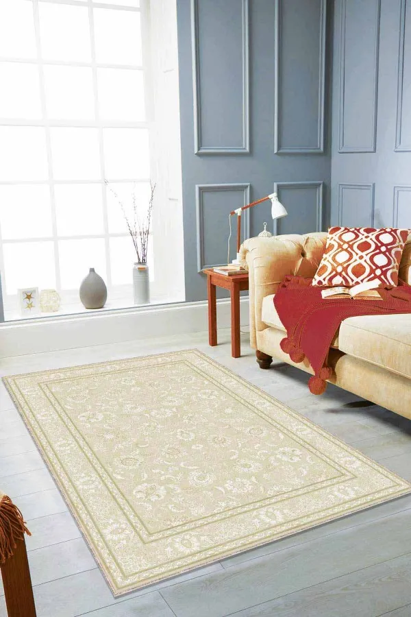 Salon Halısı Krem Krem Vintage Kaymaz Tabanlı Makinede Yıkanabilir Halı RV292