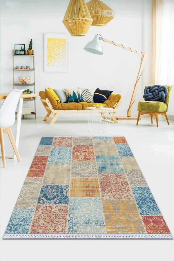 Çok Renkli Patchwork Dokuma Pamuk Taban Kaymaz Kilim KLM055