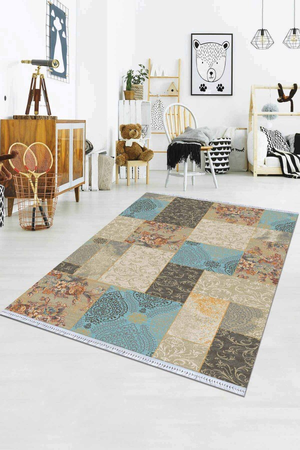 Mavi Patchwork Dokuma Pamuk Taban Kaymaz Kilim KLM067