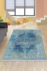 Mavi Klasik Göbekli Dokuma Pamuk Taban Kaymaz Kilim KLM074 Mavi Klasik Göbekli Dokuma Pamuk Taban Kaymaz Kilim KLM074