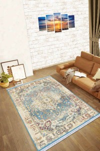 Mavi Klasik Göbekli Dokuma Pamuk Taban Kaymaz Kilim KLM097 Mavi Klasik Göbekli Dokuma Pamuk Taban Kaymaz Kilim KLM097