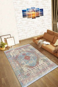 Mavi Klasik Göbekli Dokuma Pamuk Taban Kaymaz Kilim KLM109 Mavi Klasik Göbekli Dokuma Pamuk Taban Kaymaz Kilim KLM109