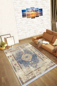 Mavi Klasik Göbekli Dokuma Pamuk Taban Kaymaz Kilim KLM134 Mavi Klasik Göbekli Dokuma Pamuk Taban Kaymaz Kilim KLM134