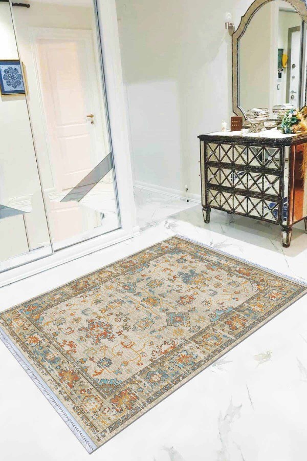 Sarı Çerçeveli Dokuma Pamuk Taban Kaymaz Kilim KLM190