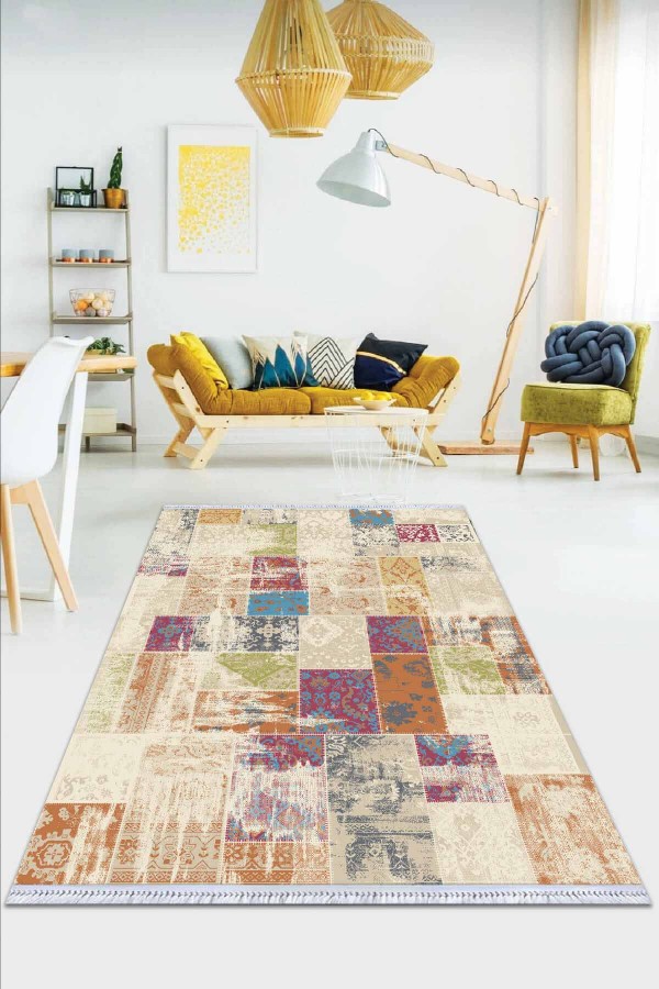 Çok Renkli Patchwork Dokuma Pamuk Taban Kaymaz Kilim KLM289