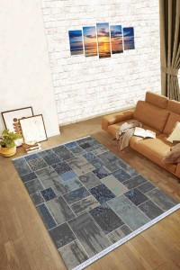 Füme Patchwork Dokuma Pamuk Taban Kaymaz Kilim KLM291 Füme Patchwork Dokuma Pamuk Taban Kaymaz Kilim KLM291