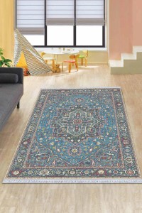 Mavi Klasik Göbekli Dokuma Pamuk Taban Kaymaz Kilim KLM309 Mavi Klasik Göbekli Dokuma Pamuk Taban Kaymaz Kilim KLM309