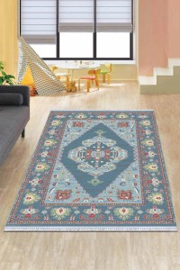 Mavi Klasik Göbekli Dokuma Pamuk Taban Kaymaz Kilim KLM314 Mavi Klasik Göbekli Dokuma Pamuk Taban Kaymaz Kilim KLM314