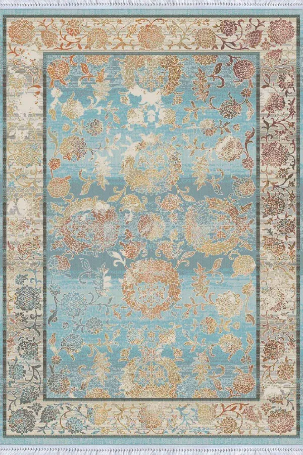 Koridor Kilim Mavi Çerçeveli Dokuma Pamuk Taban Kaymaz Kilim KLM095