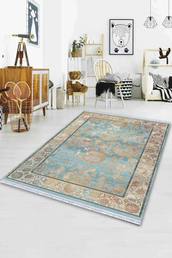 Koridor Kilim Mavi Çerçeveli Dokuma Pamuk Taban Kaymaz Kilim KLM095