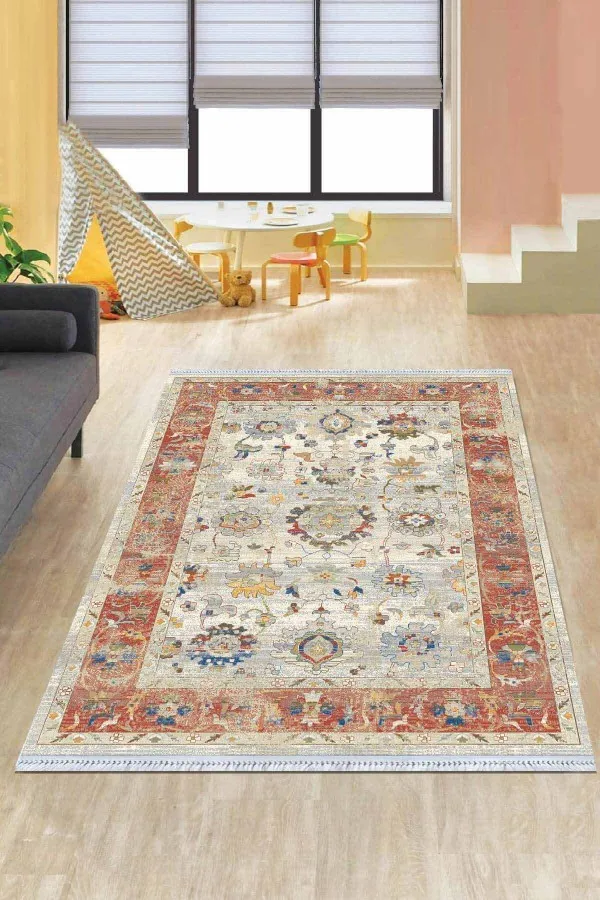 Osmanlı Desenli Halı Pembe Çerçeveli Dokuma Pamuk Taban Kaymaz Kilim KLM194