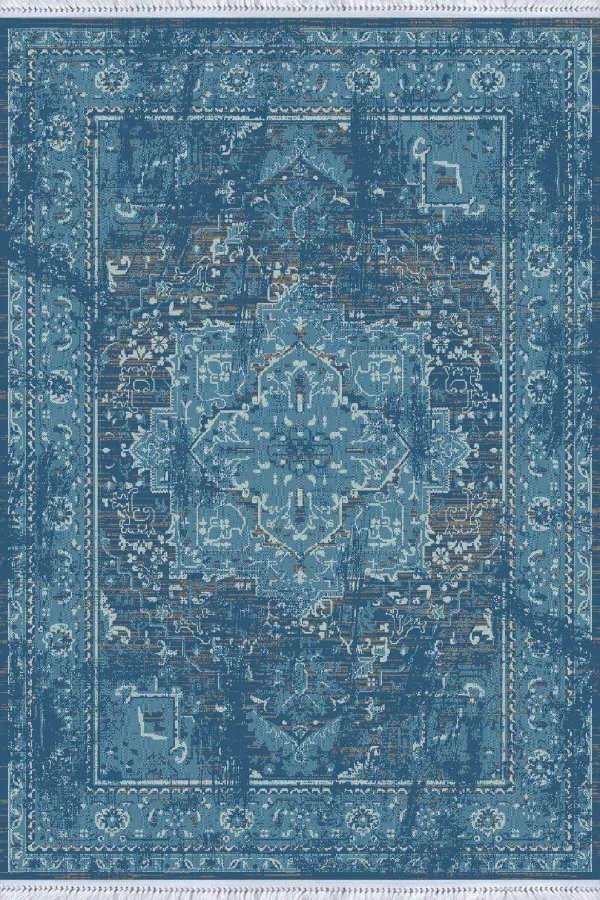 Kilim Desenli Halı Fiyatları Mavi Vintage Dokuma Pamuk Tabanlı Kaymaz Kilim KLM235