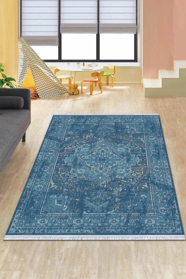 Kilim Desenli Halı Fiyatları Mavi Vintage Dokuma Pamuk Tabanlı Kaymaz Kilim KLM235
