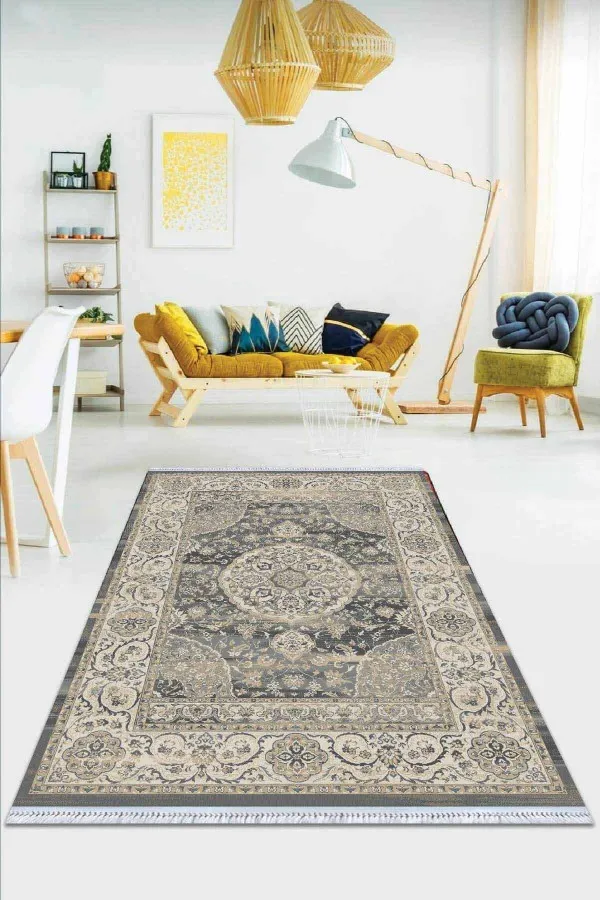 Balkon İcin Kilim Gri Klasik Göbekli Dokuma Pamuk Taban Kaymaz Kilim KLM283