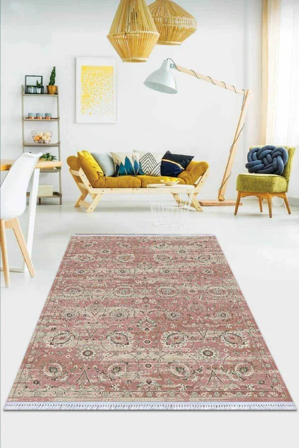 Pamuk Kilim Pembe Vintage Dokuma Pamuk Tabanlı Kaymaz Kilim KLM304