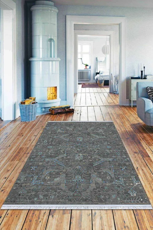 Halı Kilim Fiyatları Gri Vintage Dokuma Pamuk Tabanlı Kaymaz Kilim KLM357