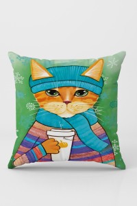 Yeşil Kedili Çift Taraflı Yastık Kırlent Kılıfı KRL1116 Yeşil Kedili Çift Taraflı Yastık Kırlent Kılıfı KRL1116