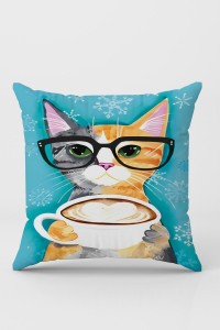 Turkuaz Kedili Çift Taraflı Yastık Kırlent Kılıfı KRL1119 Turkuaz Kedili Çift Taraflı Yastık Kırlent Kılıfı KRL1119