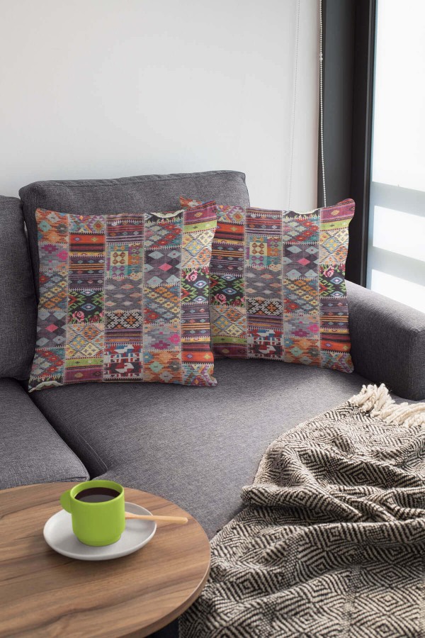 Çok Renkli Patchwork Çift Taraflı Kırlent Kılıfı KRL152