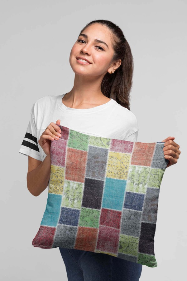 Çok Renkli Patchwork Çift Taraflı Kırlent Kılıfı KRL288