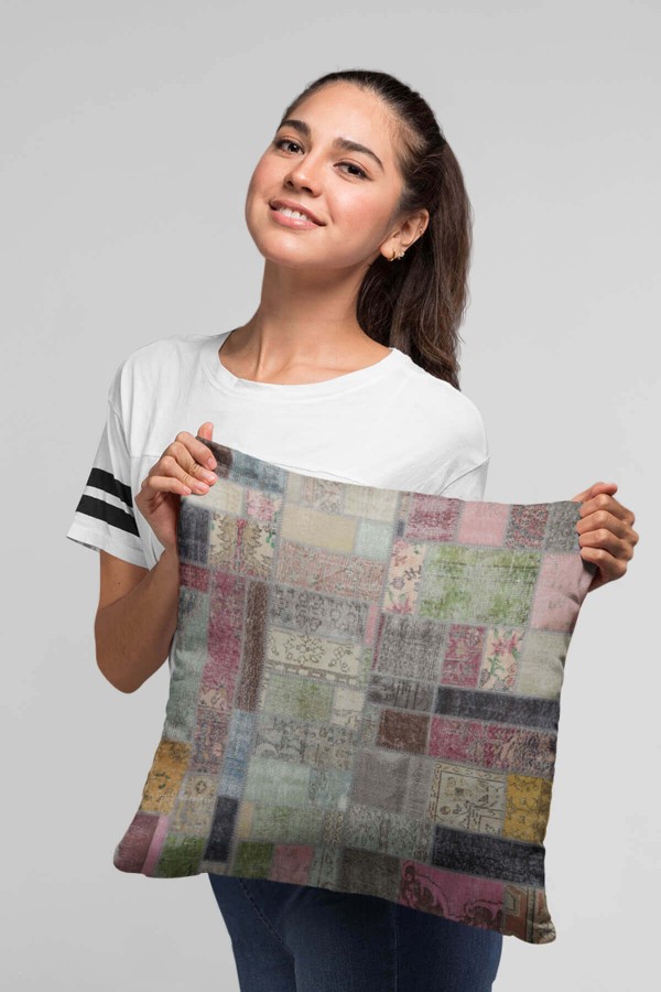 Çok Renkli Patchwork Çift Taraflı Kırlent Kılıfı KRL346