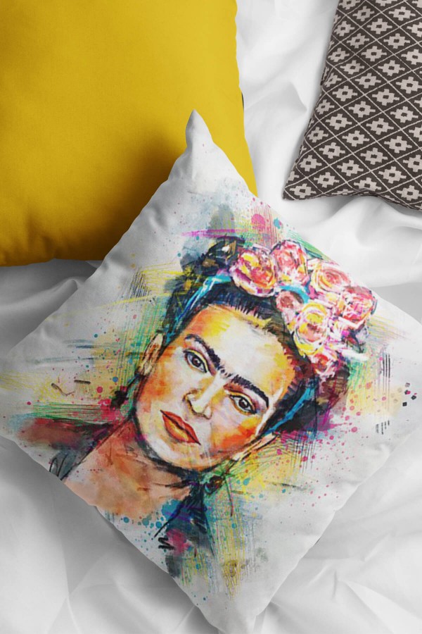 Çok Renkli Frida Kahlo Çift Taraflı Kırlent Kılıfı KRL964