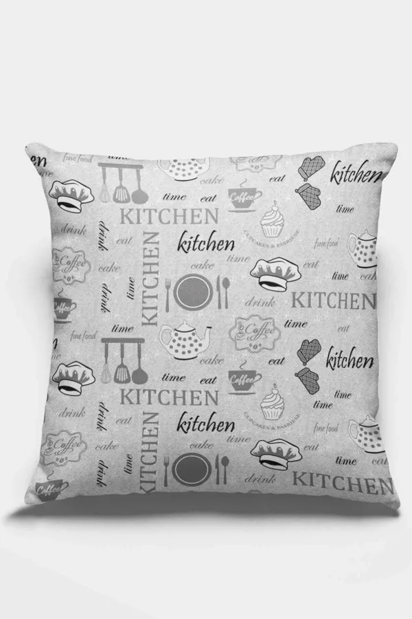 Kitchen Yazılı Kırlent Kılıfı Gri Mutfak Desenli Çift Taraflı Yastık Kırlent Kılıfı KRL338