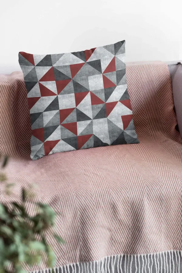 Geometrik Desenli Yastık Kılıfı Bordo Geometrik Çift Taraflı Yastık Kırlent Kılıfı KRL383