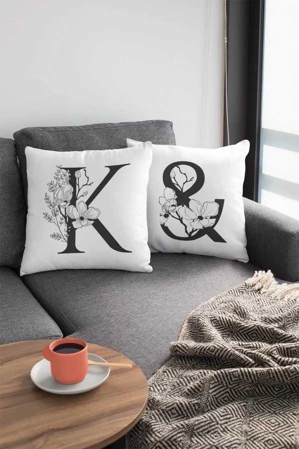 Harfli Yastik Kilifi Çift Taraflı Beyaz K Harfli Yastık Kırlent Kılıfı KRL512