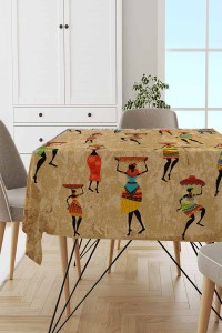 Bej Etnik Desenli Dokuma Leke Tutmaz Masa Örtüsü MSO106