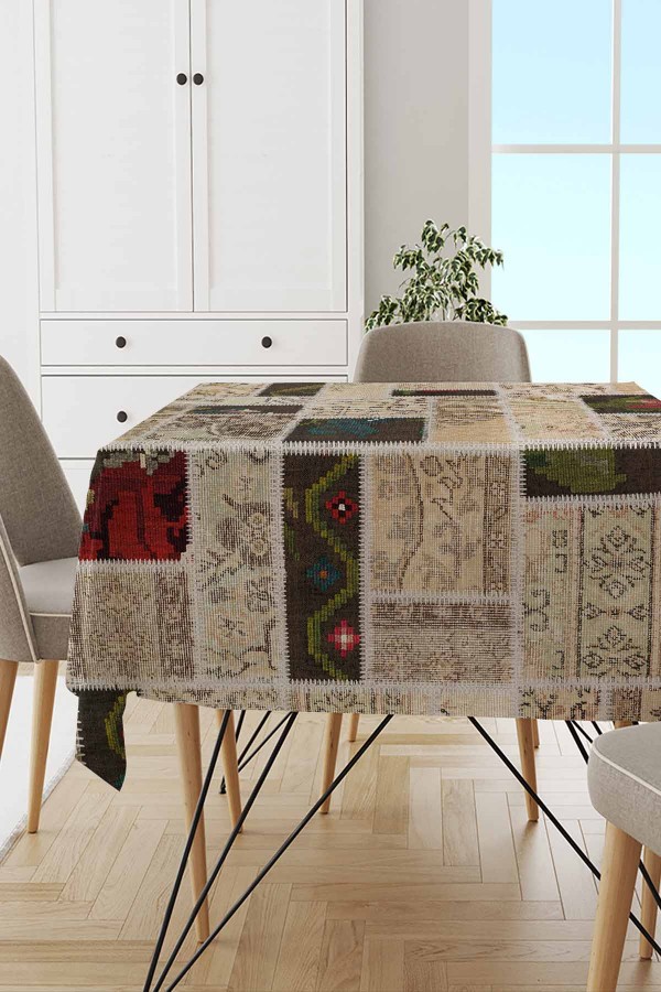 Krem Patchwork Dokuma Leke Tutmaz Masa Örtüsü MSO289