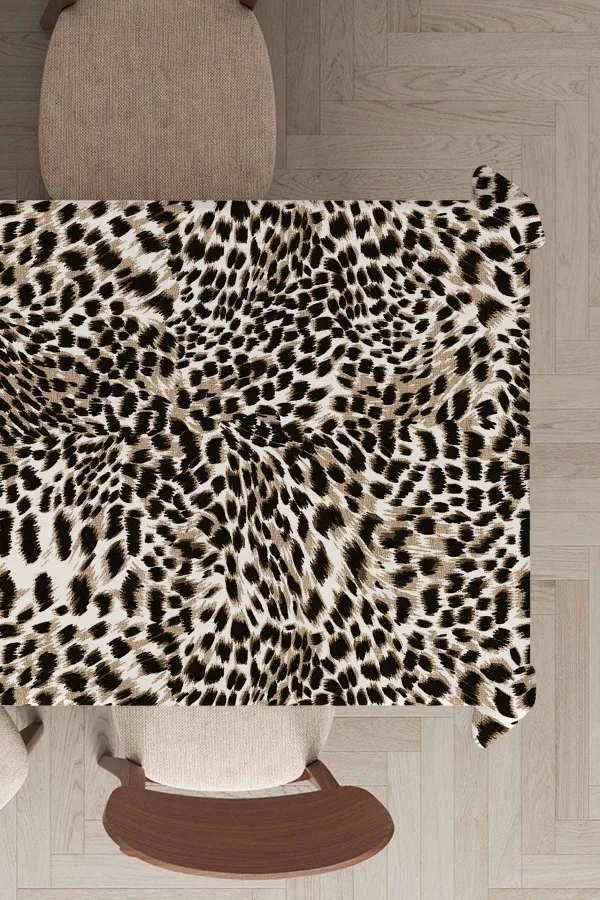 Yemek Masasi Ortusu Takimi Bej Leopar Desen Dokuma Leke Tutmaz Masa Örtüsü MSO050