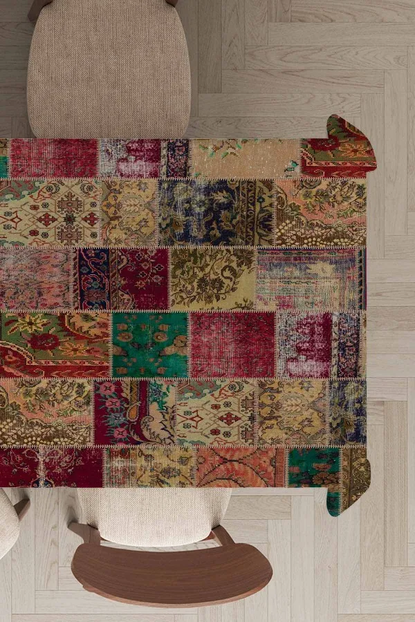 Yemek Masası Örtüsü Modelleri Çok Renkli Patchwork Dokuma Leke Tutmaz Masa Örtüsü MSO293
