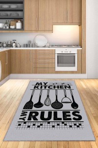 Gri Kaymaz Tabanlı My Kitchen My Rules Mutfak Halısı AR016 Gri Kaymaz Tabanlı My Kitchen My Rules Mutfak Halısı AR016